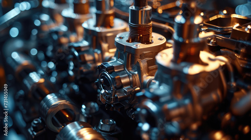 Macro shot of a high-performance car engine, detailing pistons and valves, engineering precision visible