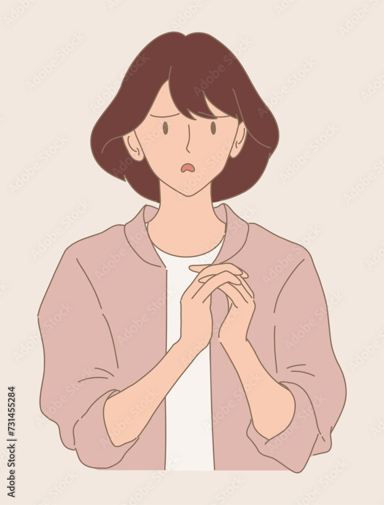 Desperate woman holding hands, begging, hand gesturing, praying, asking for help with pleading, imploring expression. Guilty girl showing sorry. Hand drawn flat cartoon character vector illustration Desperate woman holding hands, begging, hand gesturing, praying, asking for help with pleading, imploring expression. Guilty girl showing sorry. Hand drawn flat cartoon character vector illustration