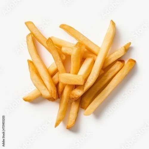 Golden Crisp: Tempting French Fries, Isolated on a Pristine White Background. Delight in the Irresistible Crunch and Flavorful Seasoning of These Classic Fries, Perfectly Captured for Your Culinary Pl