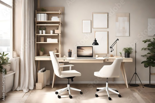 A modern study area with a white desk, cream-colored swivel chair, and minimalist decor for a focused and stylish workspace. © mohsin
