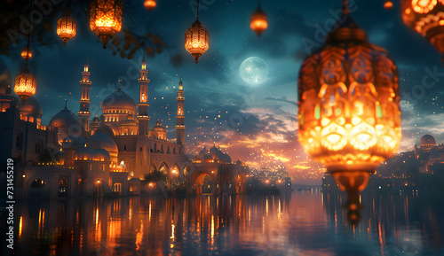 Islamic background with moon lanterns and mosque for Ramadan, Eid ul Fitr and Eid al Adha celebrations.