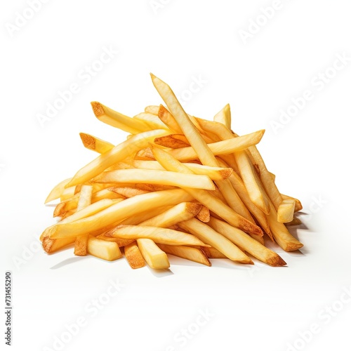 Golden Crisp: Tempting French Fries, Isolated on a Pristine White Background. Delight in the Irresistible Crunch and Flavorful Seasoning of These Classic Fries, Perfectly Captured for Your Culinary Pl