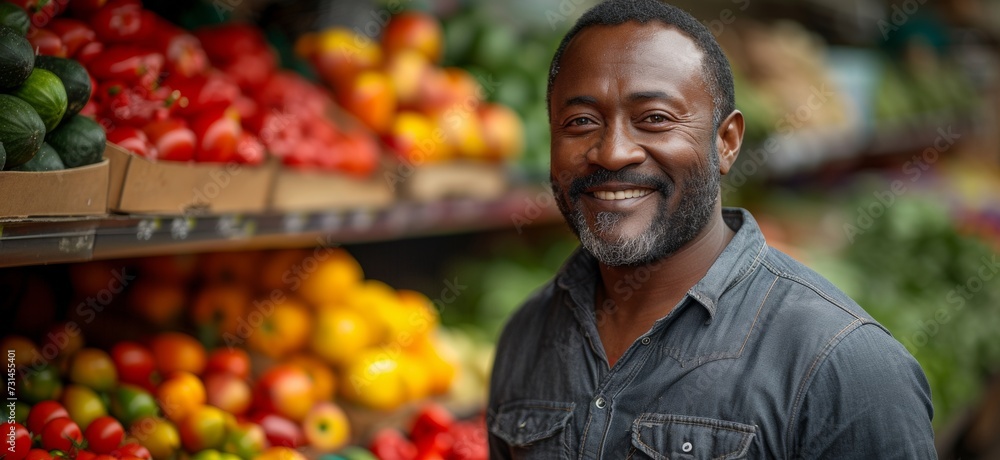 Smiling man at a fruit market with a colorful and healthy food background Smiling man at a fruit market with a colorful and healthy food background