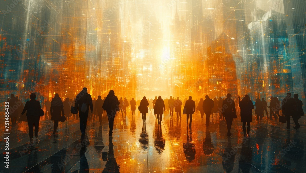 Digital art of people in a networked, glowing, futuristic city Digital art of people in a networked, glowing, futuristic city