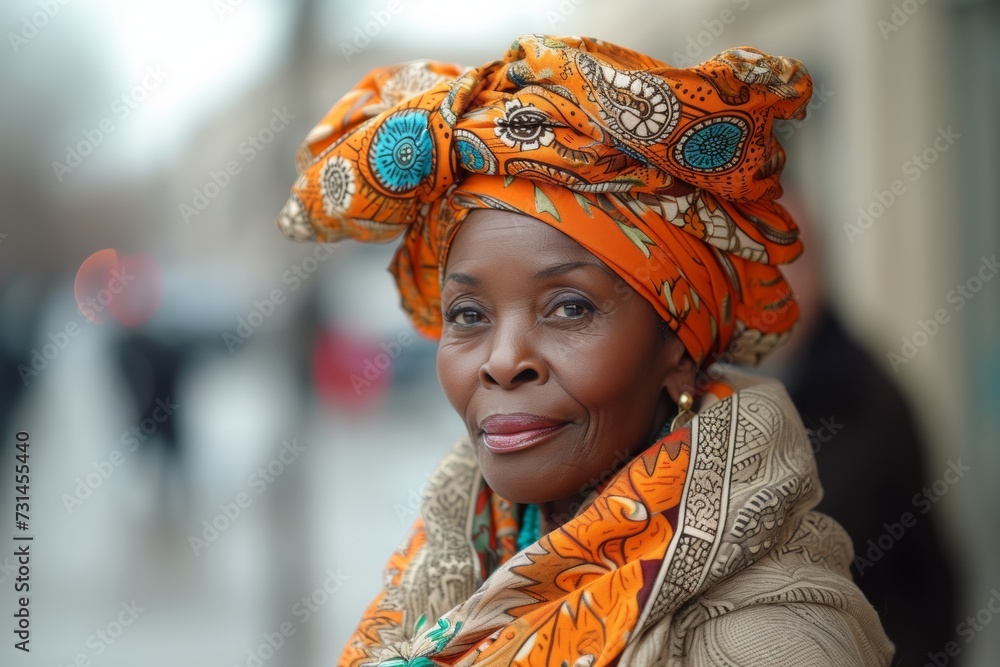 Elderly African woman in vibrant traditional headwear with a confident smile