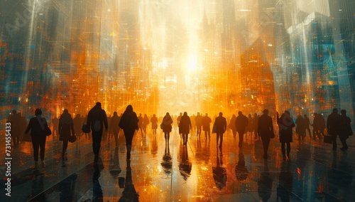 Digital art of people in a networked  glowing  futuristic city