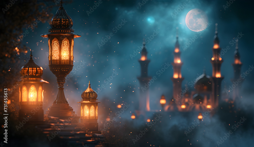 Islamic background with moon lanterns and mosque for Ramadan Eid ul Fitr and Eid al Adha Eid Milad Muharram Islamic background with moon lanterns and mosque for Ramadan Eid ul Fitr and Eid al Adha Eid Milad Muharram