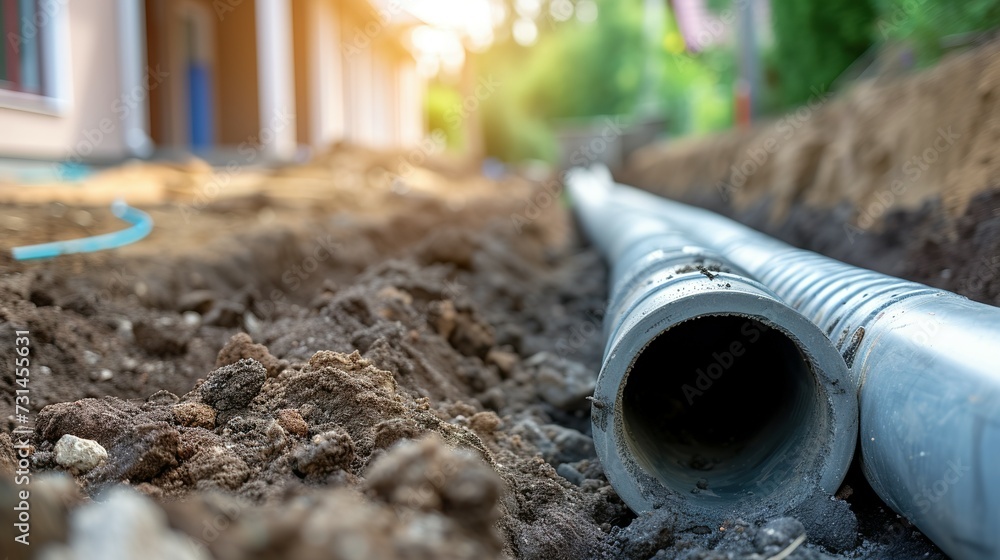 installation of a sewage plastic pipe during the construction of a house. Creative Banner. Copyspace image installation of a sewage plastic pipe during the construction of a house. Creative Banner. Copyspace image