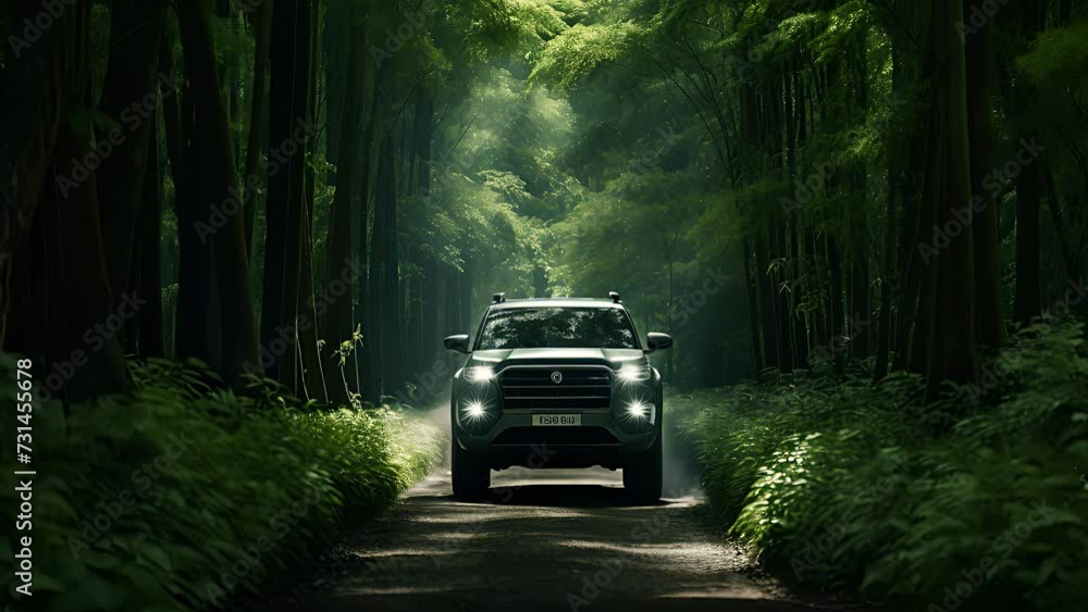 Front of SUV in the forest. Created with generative AI.
Front of SUV in the forest. Created with generative AI.