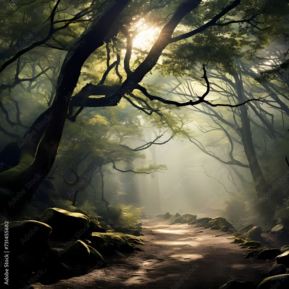 An ancient, mystical forest shrouded in mist, where towering trees create a captivating play of light and shadows