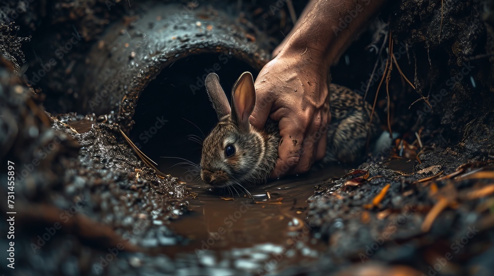 First Moments of a Rescued Rabbit Bonding with Human Amidst Raindrops And Pipeline Opening