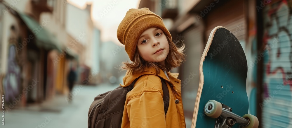 A happy young boy with long hair is holding a skateboard, wearing a backpack and a big smile on his face, ready to travel and have fun at an event.