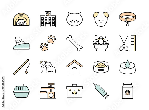 Set of  colorful pet icons. Containing dog, cat, animals symbol. Animal care and vet clinic elements collection. Vector illustration, editable stroke.