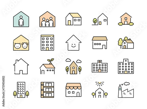 Set of building colorful line icons. House, apartment, school, hospital and factory. Vector illustrations. Editable strokes