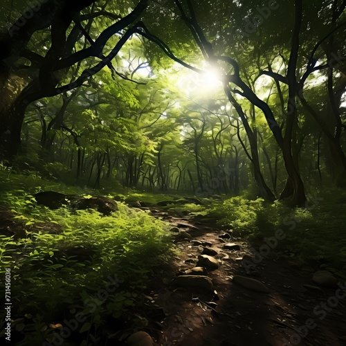 An enchanting forest canopy, where sunlight filters through the lush leaves, creating a play of shadows on the forest floor