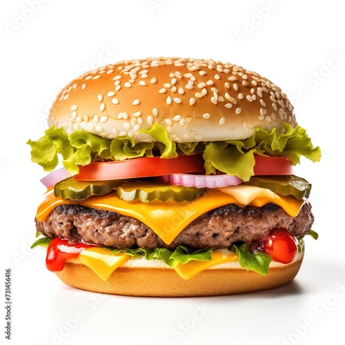 Savor the Flavor: Mouthwatering Loaded Burger, Isolated on a Crisp White Background. Indulge in the Juicy Goodness of this Culinary Masterpiece, Perfectly Captured and Presented for Your Ultimate Deli © ALI