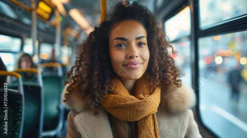 Young woman riding on a public transportation bus in the morning. © Jammy Jean