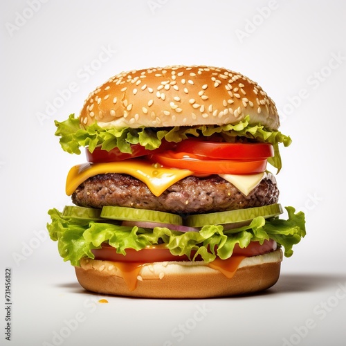 Savor the Flavor: Mouthwatering Loaded Burger, Isolated on a Crisp White Background. Indulge in the Juicy Goodness of this Culinary Masterpiece, Perfectly Captured and Presented for Your Ultimate Deli