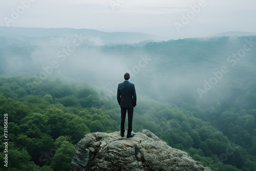 Businessman standing on the top of mountain observing the foggy forest view in the morning