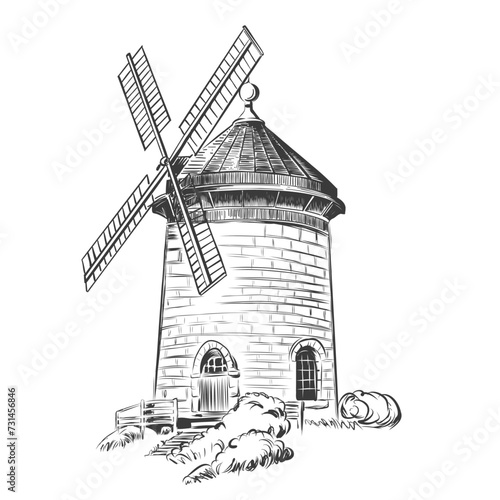 Rural landscape with windmill. Traditional mill isolated on background. Bakery shop, organic agricultural production, flour, ecological food. Vector hand drawn vintage engraved sketch.