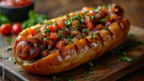 Hot Dog Delight  Tomato Sauce  Mustard  and Parsley on Wooden Tray