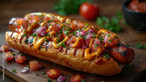 Delectable Hot Dog with Tomato Sauce, Mustard, and Parsley on Wooden Table