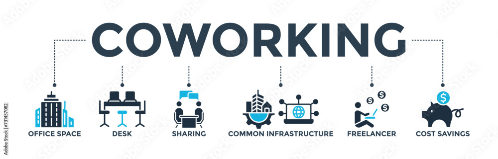 Coworking banner web icon vector illustration concept with icon of office space, desk, sharing, common infrastructure, freelancer, and cost savings