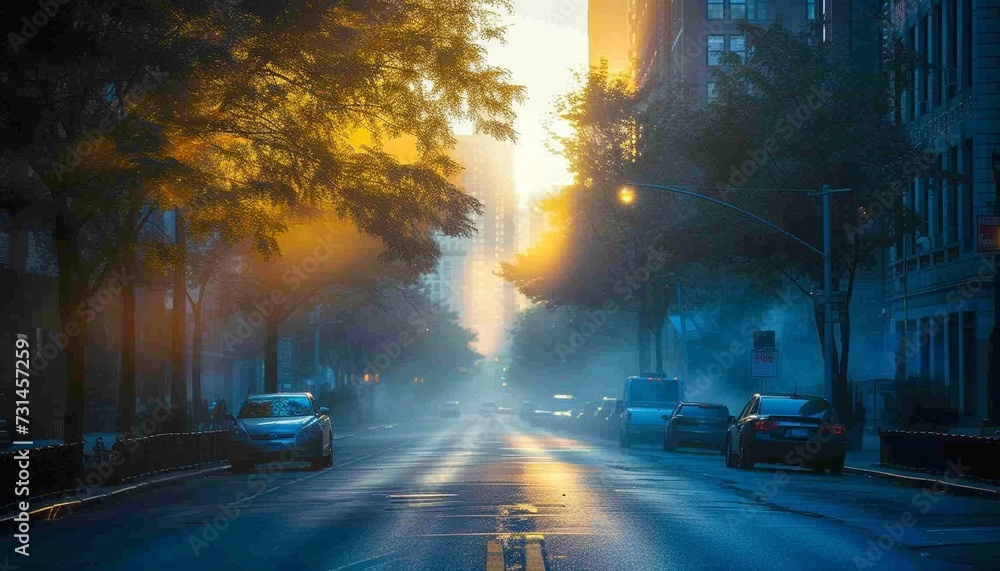Colorful street photo of beautiful morning streets in the rays of the rising sun