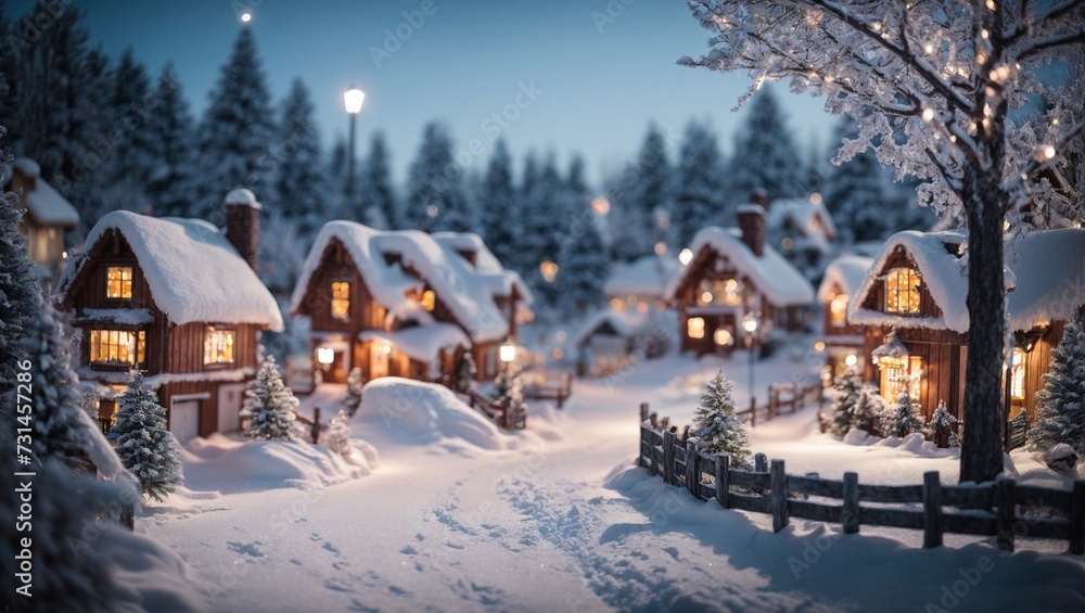 Snow-covered mountain village with a cozy wooden house nestled in the alpine landscape, surrounded by trees and a wintry sky
