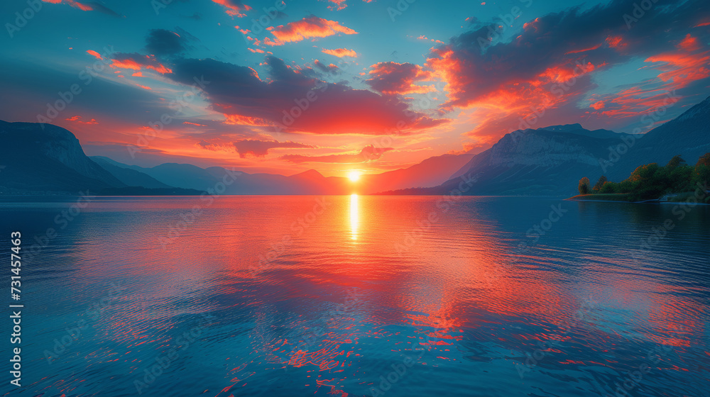 Majestic Sunset Over Lake With Mountain Background