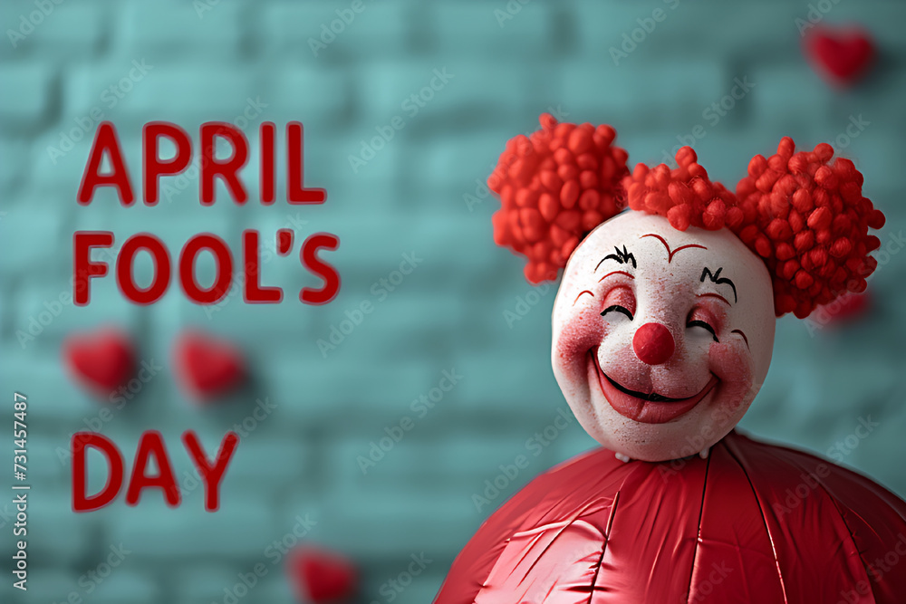 Blue color template and colorful balloons, showing red text "APRIL FOOL'S DAY", april fool's day concept. - obrazy, fototapety, plakaty 