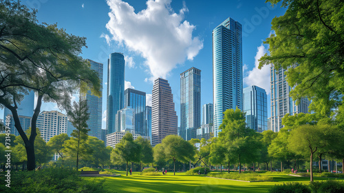Beautiful modern skyline of a financial district in a big city with green and luscious park in foreground.