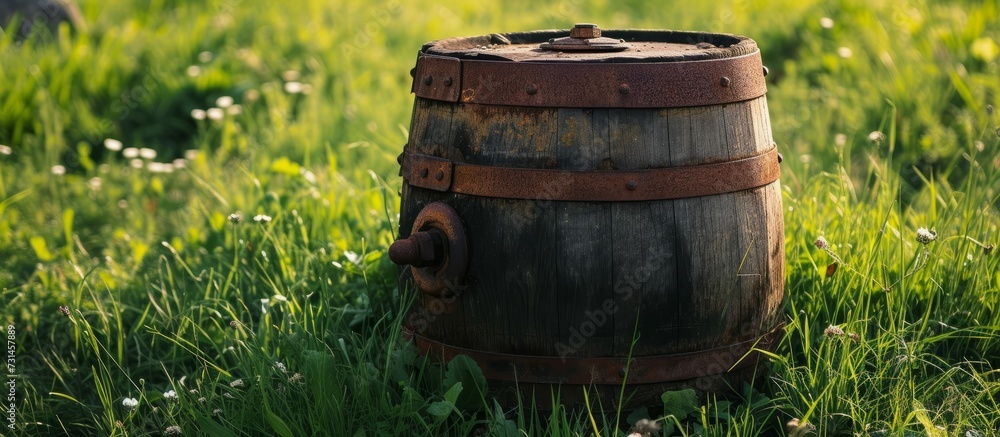 Obraz premium Rusty fittings surround an aged oak barrel in the grass.
