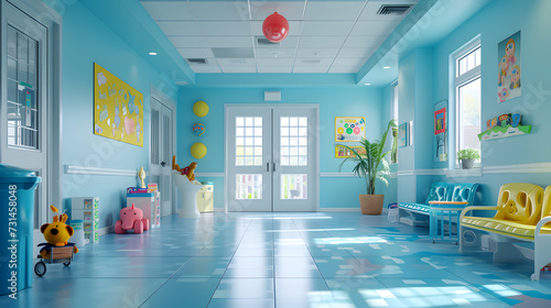 Bright Blue Children s Hospital Room with Educational Toys. Spacious and sun-filled children s hospital room painted blue with playful toys and educational materials on the walls. Generative AI