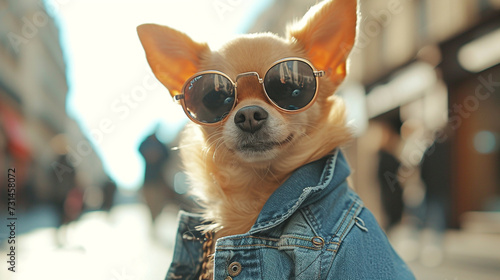A trendy chihuahua sporting trendy sunglasses and a denim jacket, strutting the streets of Paris.