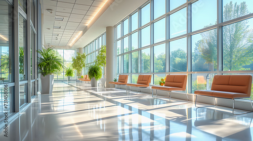 clinic lobby, Bright and airy hospital corridor with comfortable seating and large windows overlooking greenery. Generative AI