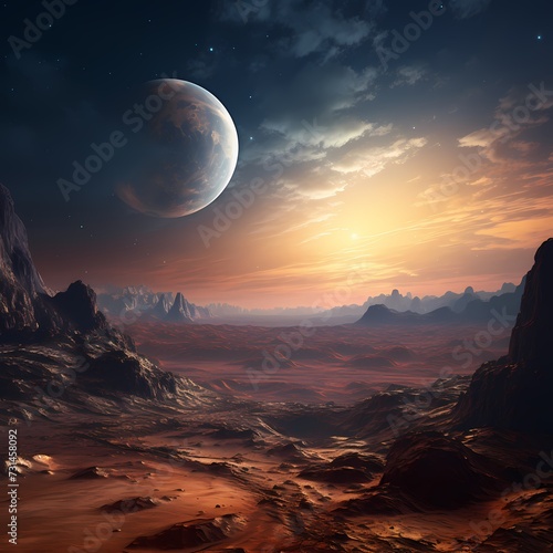 An expansive lunar landscape with Earth rising on the horizon  casting a soft glow over the rugged and cratered terrain