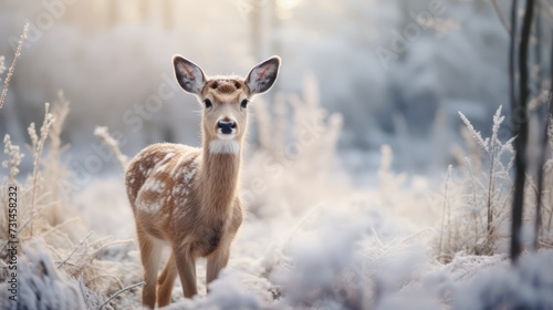 A reindeer stands on the frosted grass on an early winter morning in a snowy pine forest. winter animals  beautiful scenery