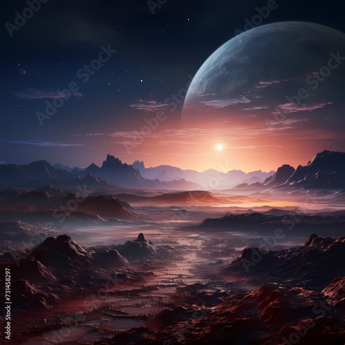 An expansive lunar landscape with Earth rising on the horizon, casting a soft glow over the rugged and cratered terrain