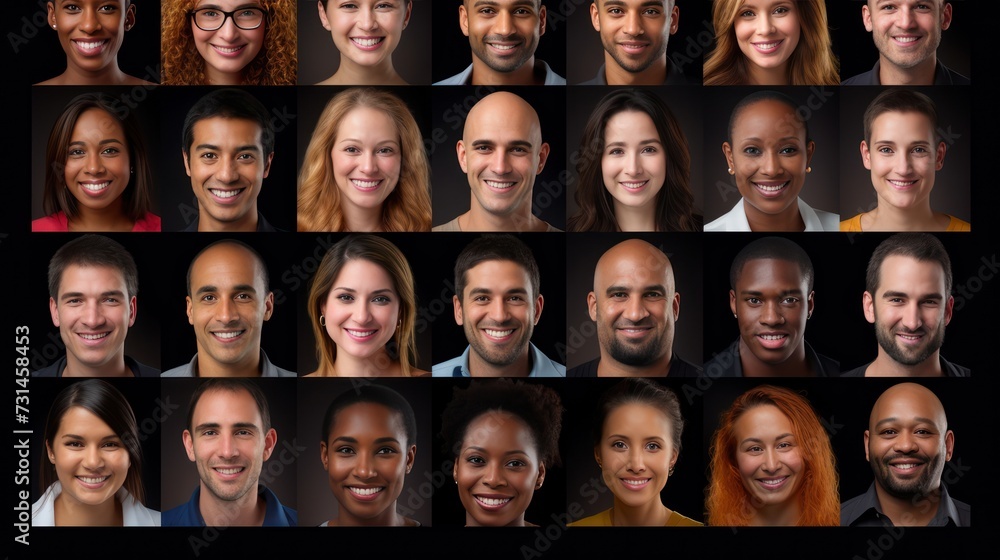 A Hundreds of multiracial people crowd portraits headshots collection, collage mosaic. Many lot of multicultural different male and female smiling faces looking at camera. - obrazy, fototapety, plakaty 
