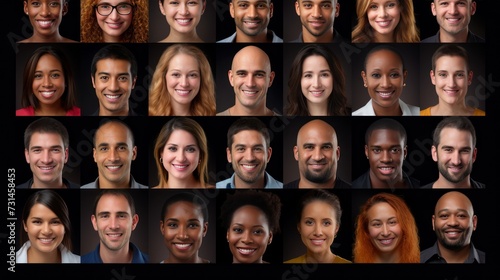 A Hundreds of multiracial people crowd portraits headshots collection, collage mosaic. Many lot of multicultural different male and female smiling faces looking at camera.
