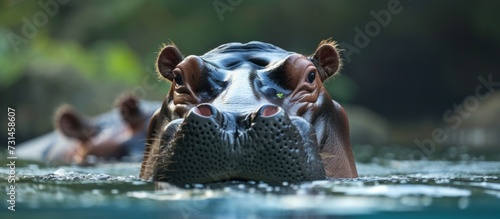 A big carnivorous hippopotamus is leisurely swimming in the water, its snout and eyes popped out while gazing at the camera.