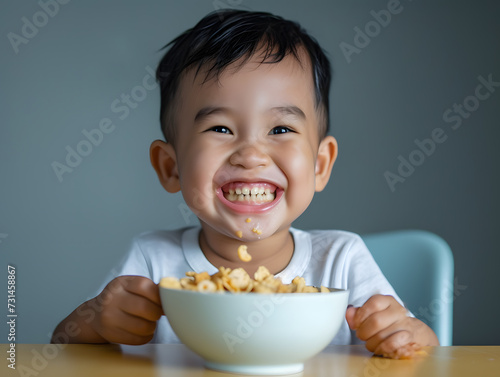An Indonesian toddler boy enjoying his cereal breakfast with a lot of joy