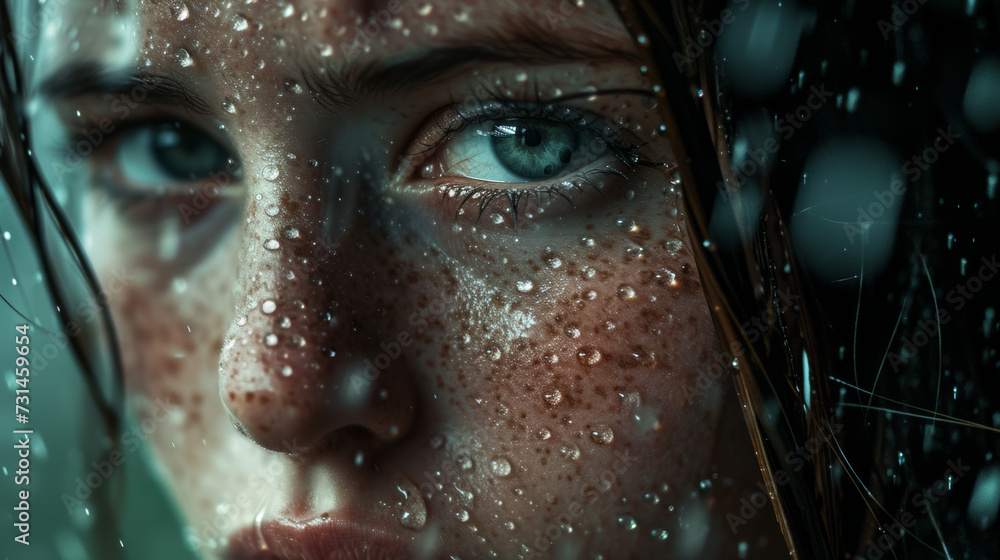 Close-Up of Womans Face With Water Droplets