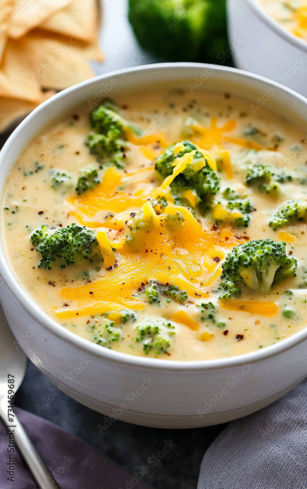 a hot bowl of delicious Creamy Broccoli Cheddar Soup for stock photography, advertising, marketing
