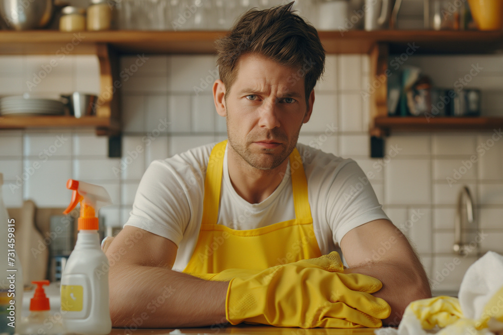 upset man in a kitchen surrounded by cleaning products while wearing yellow latex gloves ready for a busy deep cleaning. upset man in a kitchen surrounded by cleaning products while wearing yellow latex gloves ready for a busy deep cleaning.