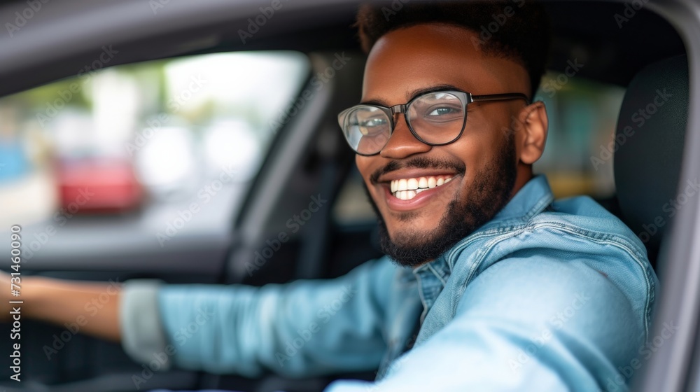 Happy young African American man driving a car Happy young African American man driving a car