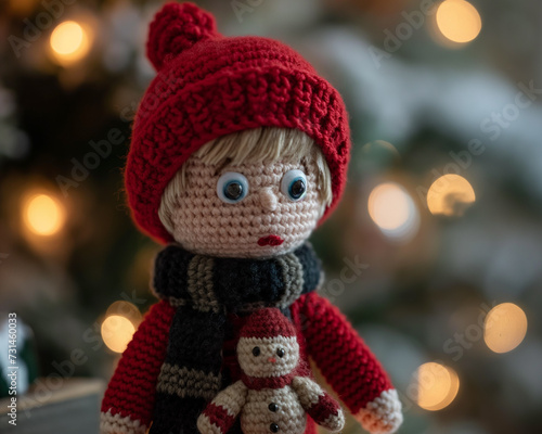 Wallpaper Mural a home alone Christmas crochet doll wearing a red sweater, red scarf, green pants. background has a winter accent and bokeh elements. Torontodigital.ca
