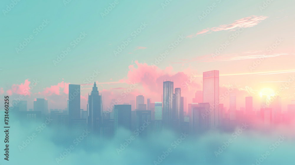 雲に浮かぶ都市と朝焼けした空