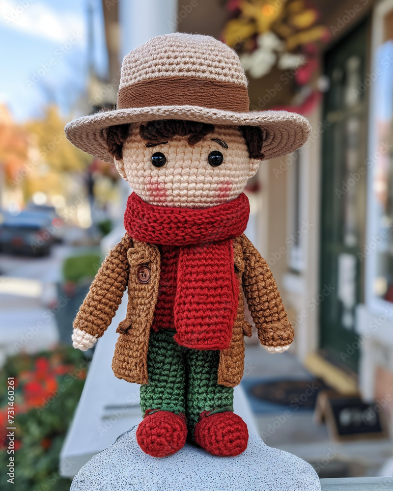 crochet doll of wearing a hat, brown coat, red sweater, red scarf, green pants. background has a winter accent and bokeh elements. crochet doll of wearing a hat, brown coat, red sweater, red scarf, green pants. background has a winter accent and bokeh elements.